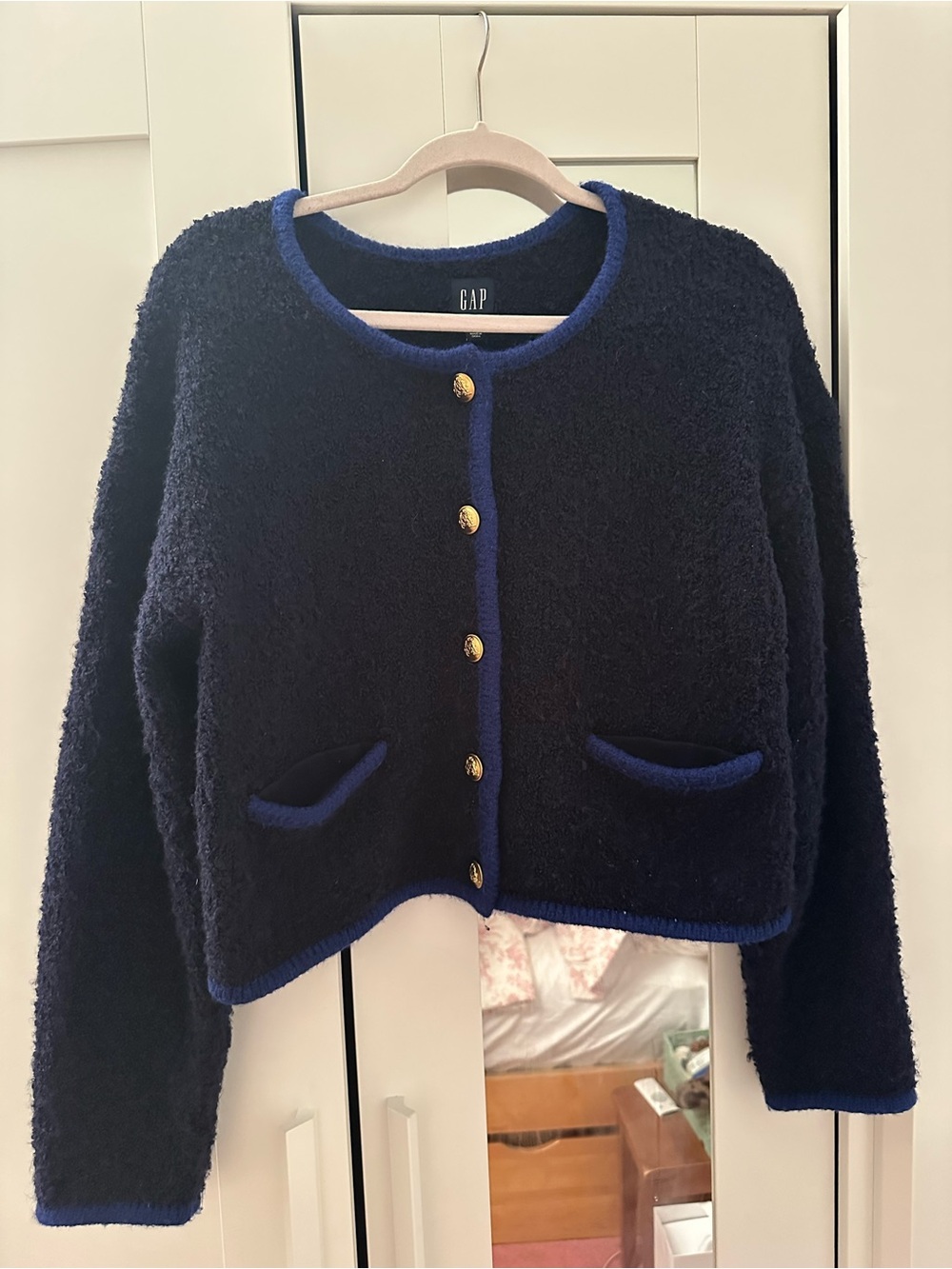 Gap navy boucle cardigan with gold buttons size small